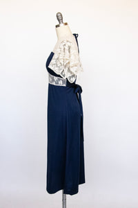 1970s Maxi Dress Lace Blue Knit S