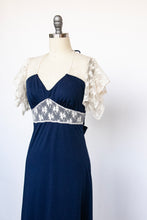 Load image into Gallery viewer, 1970s Maxi Dress Lace Blue Knit S