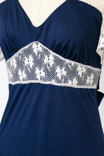 Load image into Gallery viewer, 1970s Maxi Dress Lace Blue Knit S