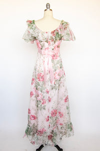 1970s Maxi Gown Chiffon Floral Ruffle Dress M