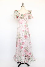 Load image into Gallery viewer, 1970s Maxi Gown Chiffon Floral Ruffle Dress M