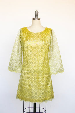 1960s Dress Metallic Mod Mini Gold Yellow Lace S / XS