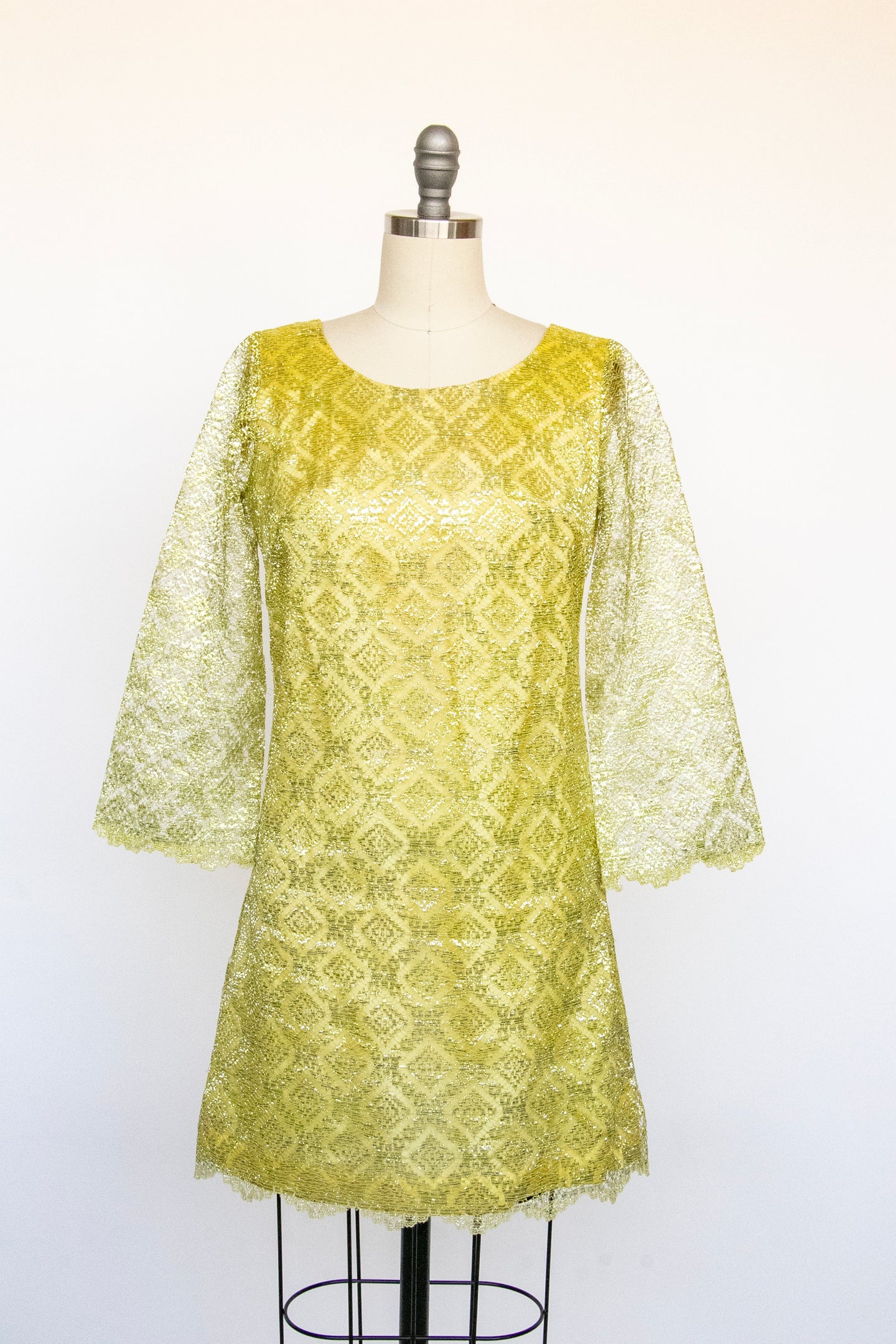 1960s Dress Metallic Mod Mini Gold Yellow Lace S / XS