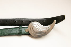 1980s Waist Cinch Belt Green Leather Paisley Buckle M