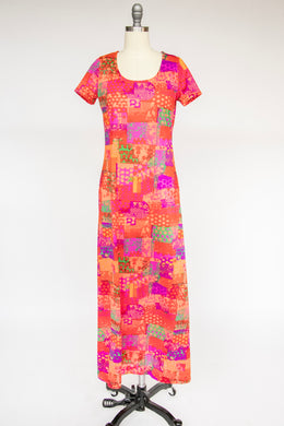 1970s Maxi Dress Neon Psychedelic Print Knit S