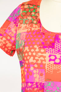 1970s Maxi Dress Neon Psychedelic Print Knit S