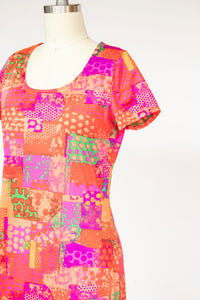 1970s Maxi Dress Neon Psychedelic Print Knit S