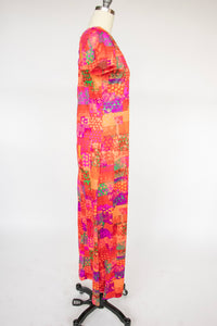 1970s Maxi Dress Neon Psychedelic Print Knit S