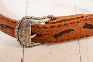 1970s Leather Belt Brown Tooled Western Engraved Buckle