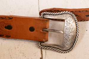 1970s Leather Belt Brown Tooled Western Engraved Buckle