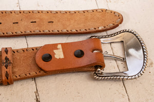 1970s Leather Belt Brown Tooled Western Engraved Buckle