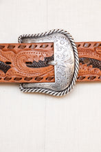 Load image into Gallery viewer, 1970s Leather Belt Brown Tooled Western Engraved Buckle