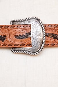 1970s Leather Belt Brown Tooled Western Engraved Buckle