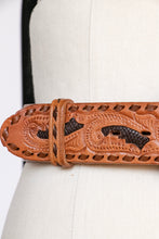 Load image into Gallery viewer, 1970s Leather Belt Brown Tooled Western Engraved Buckle