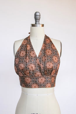 1970s Halter Top Printed Cropped Shirt S