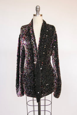 1970s Cardigan Sequin Chunk Wool Knit Sweater M