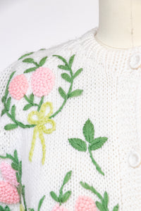 1960s Cardigan Sweater Embroidered Floral Wool M