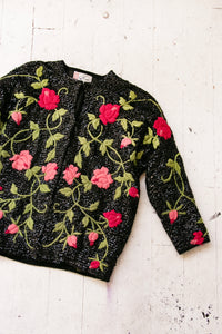 1960s Cardigan Floral Sequin Embellished Wool Knit Sweater S