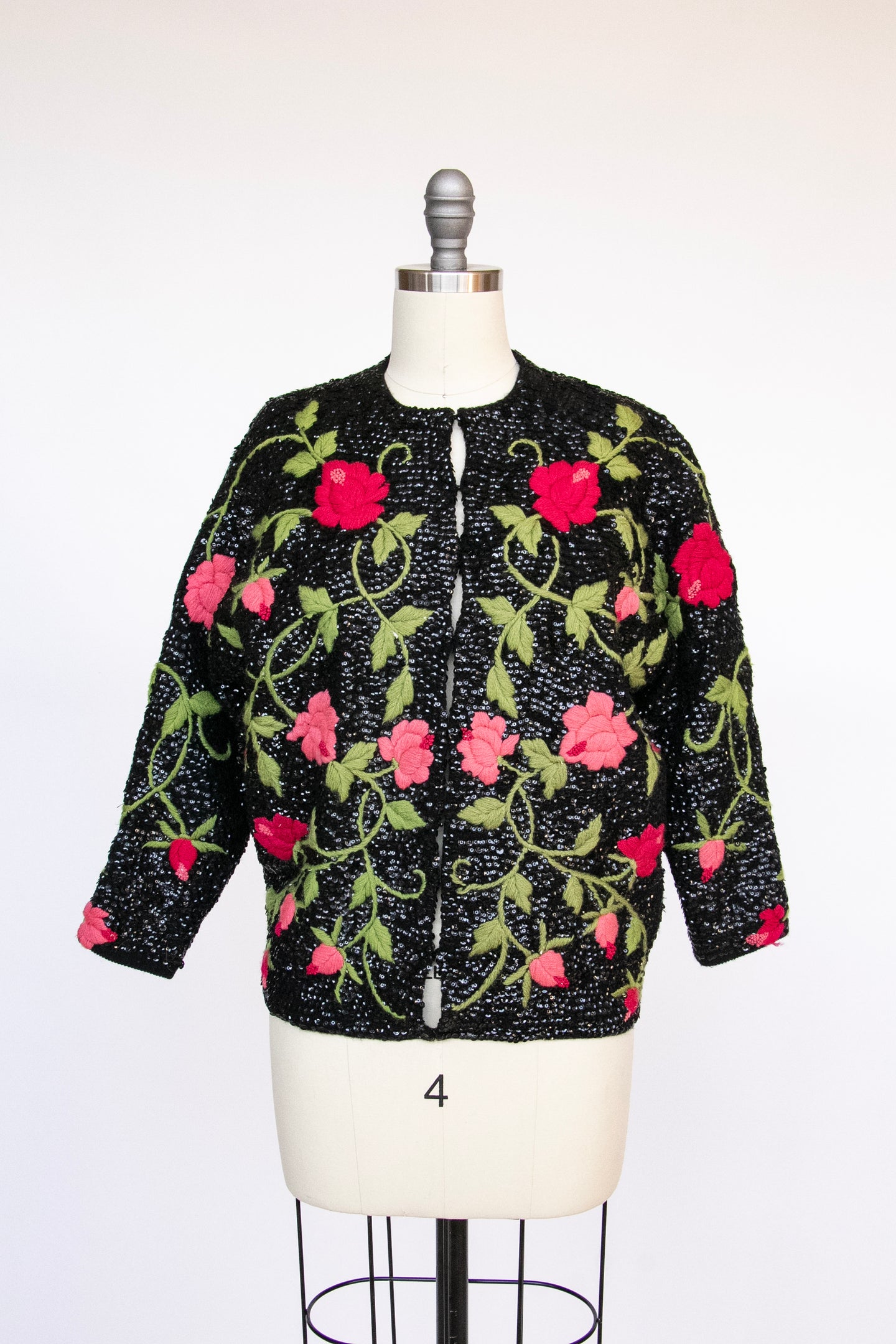 1960s Cardigan Floral Sequin Embellished Wool Knit Sweater S