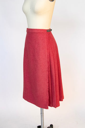 1970s Wool Wrap Skirt Mauve Pleated Buckles S