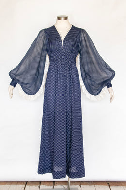 1970s Dress Polka Dot Poet Sleeve Maxi Gown M/L