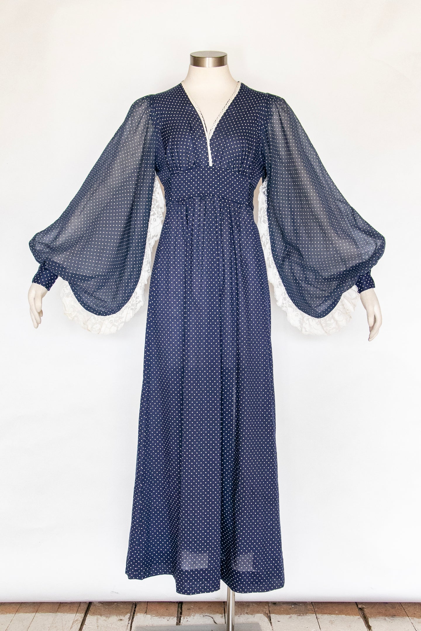 1970s Dress Polka Dot Poet Sleeve Maxi Gown M/L