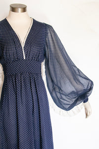 1970s Dress Polka Dot Poet Sleeve Maxi Gown M/L