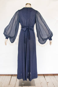 1970s Dress Polka Dot Poet Sleeve Maxi Gown M/L