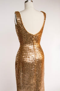 1950s Wiggle Dress Gold Sequin Hourglass S