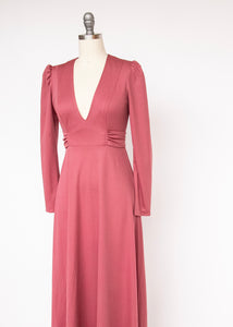 1970s Maxi Gown Jersey Dress Mauve Knit S