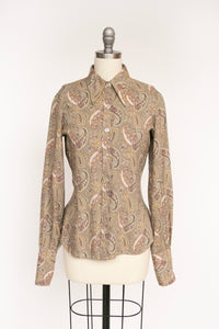 1970s Blouse Dagger Collar Paisley Top S