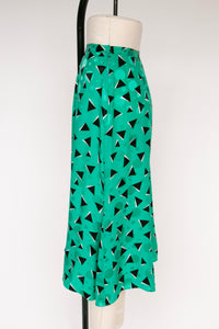 1980s Silk Skirt Emerald Printed M