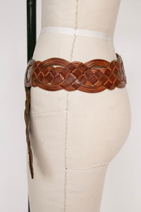 Vintage 1970s Belt Braided Brown Leather Woven