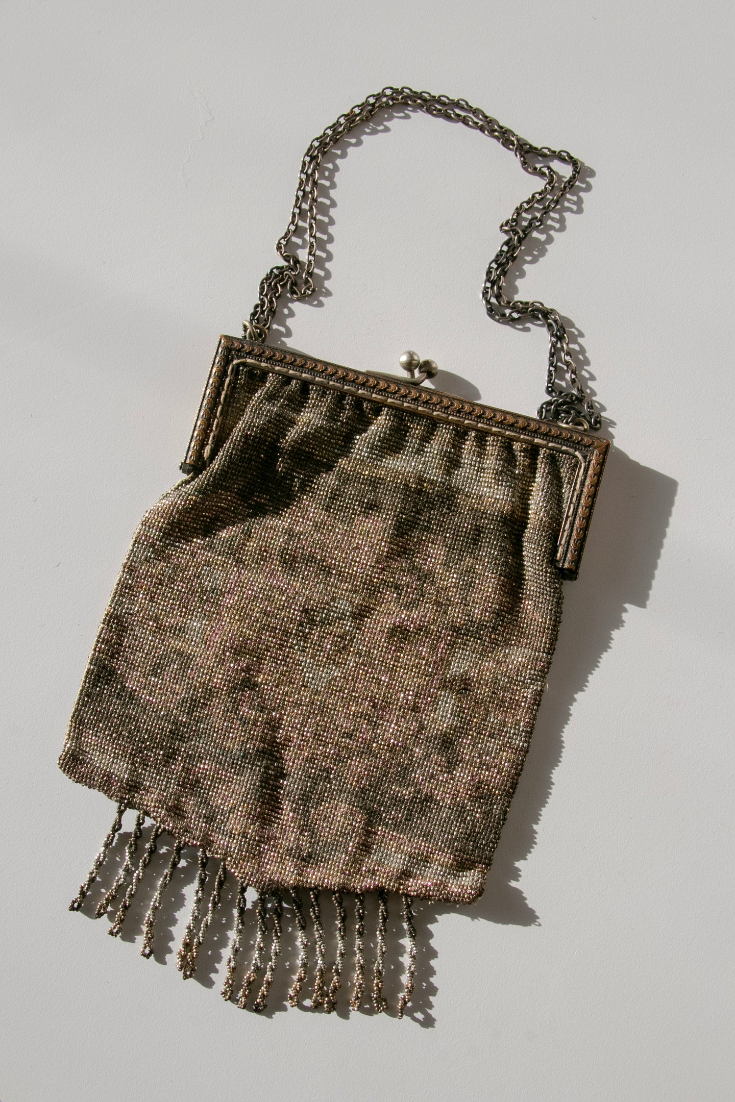 Antique Purse 1920s Beaded Fringe Clutch Bag Deco Silver