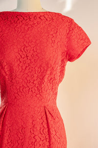 1950s Dress Red Lace Fitted Cocktail Party S