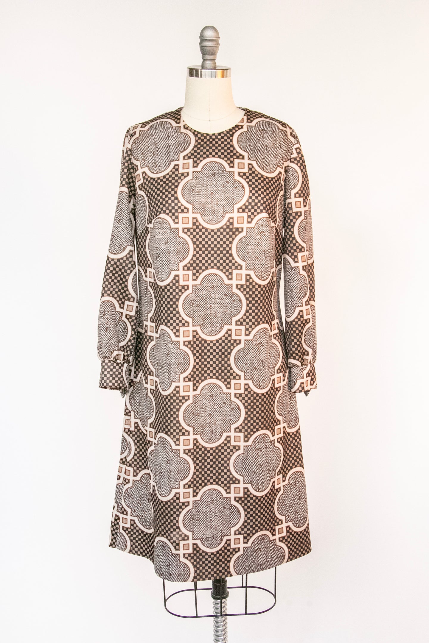 1970s Dress Printed Geometric Knit Shift M