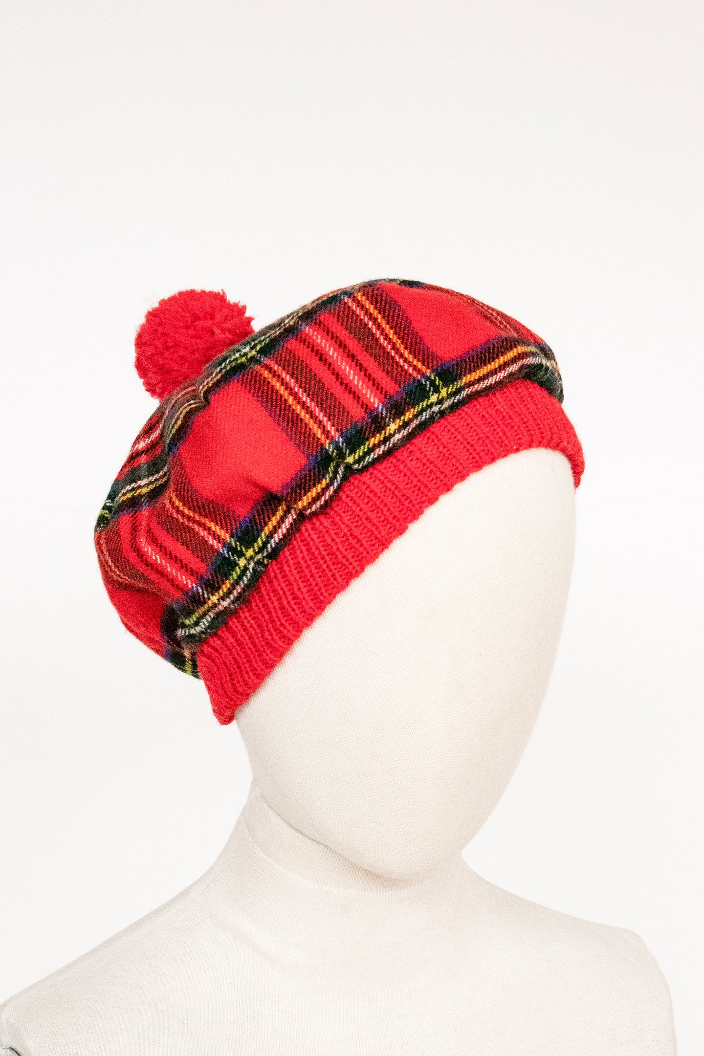 Vintage 1970s Beret Wool Knit Plaid Scottish Hat Cap