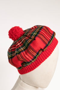 Vintage 1970s Beret Wool Knit Plaid Scottish Hat Cap