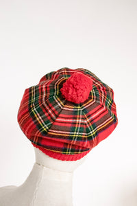 Vintage 1970s Beret Wool Knit Plaid Scottish Hat Cap