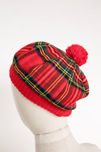 Vintage 1970s Beret Wool Knit Plaid Scottish Hat Cap