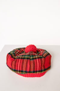 Vintage 1970s Beret Wool Knit Plaid Scottish Hat Cap