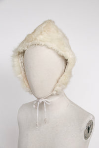 1960s Hat Rabbit Fur Bonnet Hood Apres Ski Ties