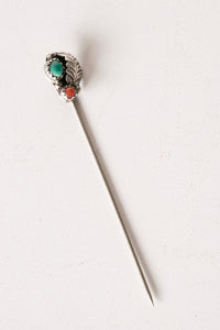 Vintage Sterling Silver Lapel Stick Pin Brooch Turquoise Coral SW Navajo