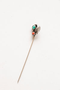 Vintage Sterling Silver Lapel Stick Pin Brooch Turquoise Coral SW Navajo