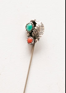 Vintage Sterling Silver Lapel Stick Pin Brooch Turquoise Coral SW Navajo