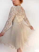 Load image into Gallery viewer, 1960s Dress Lace Illusion Chiffon Full Skirt Beaded Cocktail M