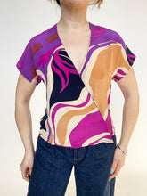 Load image into Gallery viewer, 1980s Silk Wrap Blouse Abstract Print Cropped S