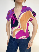 Load image into Gallery viewer, 1980s Silk Wrap Blouse Abstract Print Cropped S
