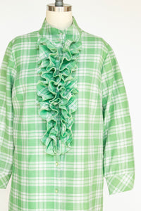 1960s Shirt Dress Ruffle Green Plaid Shift M