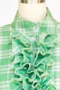 1960s Shirt Dress Ruffle Green Plaid Shift M